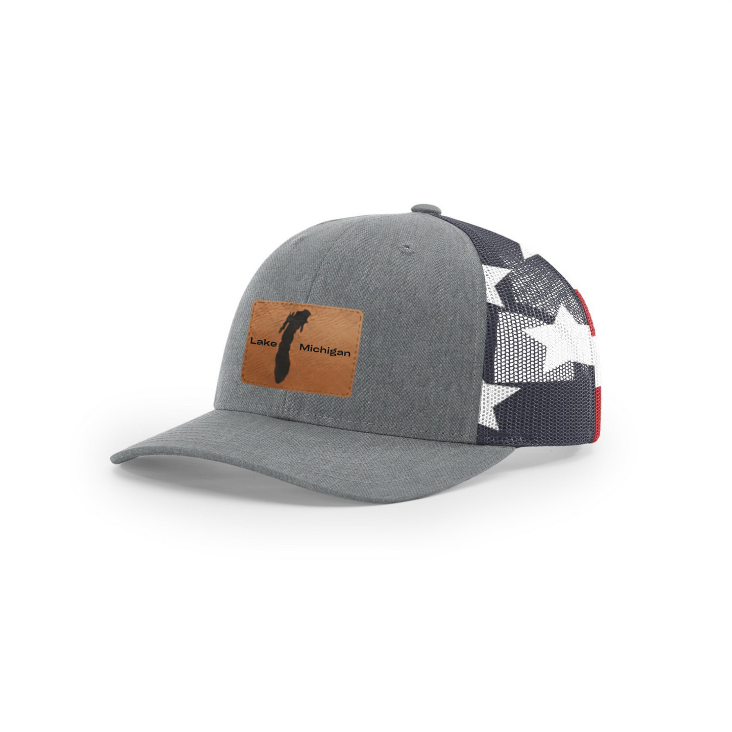 Heather gray trucker cap with patterned navy/white/red mesh and brown Lake Michigan patch