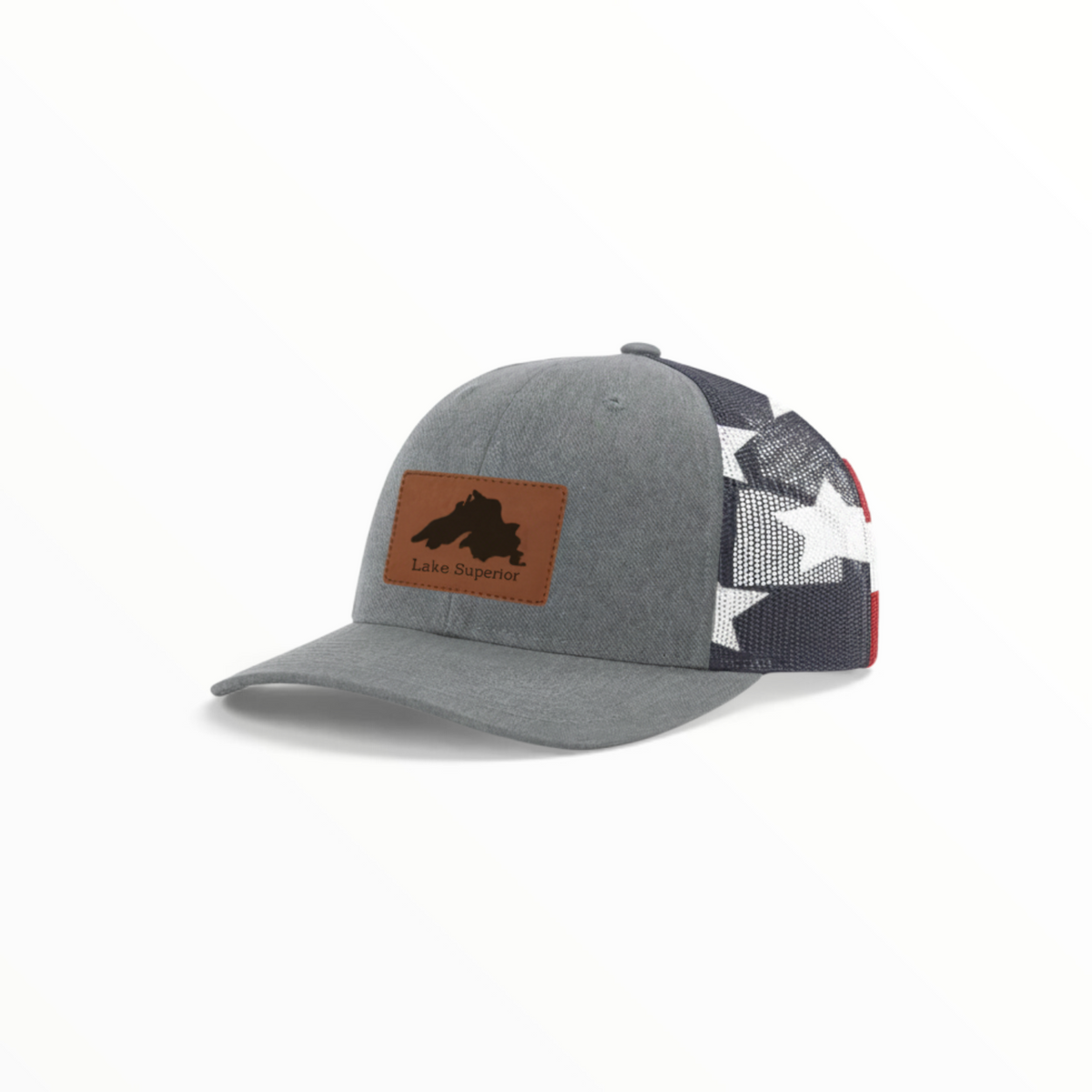 Gray trucker hat with Lake Superior patch and patterned black-white mesh back