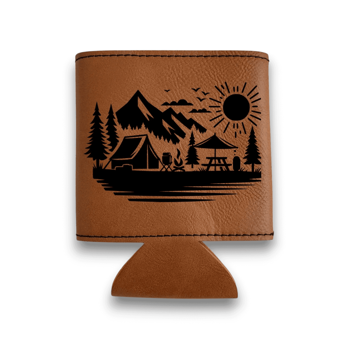 Leatherette Can Cooler - camping Mountain Design - Keeko Designs