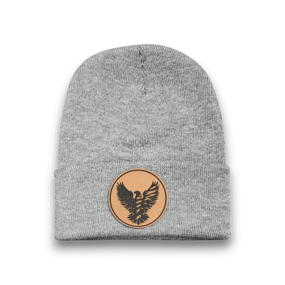 Dark heather grey beanie with round tan eagle emblem patch