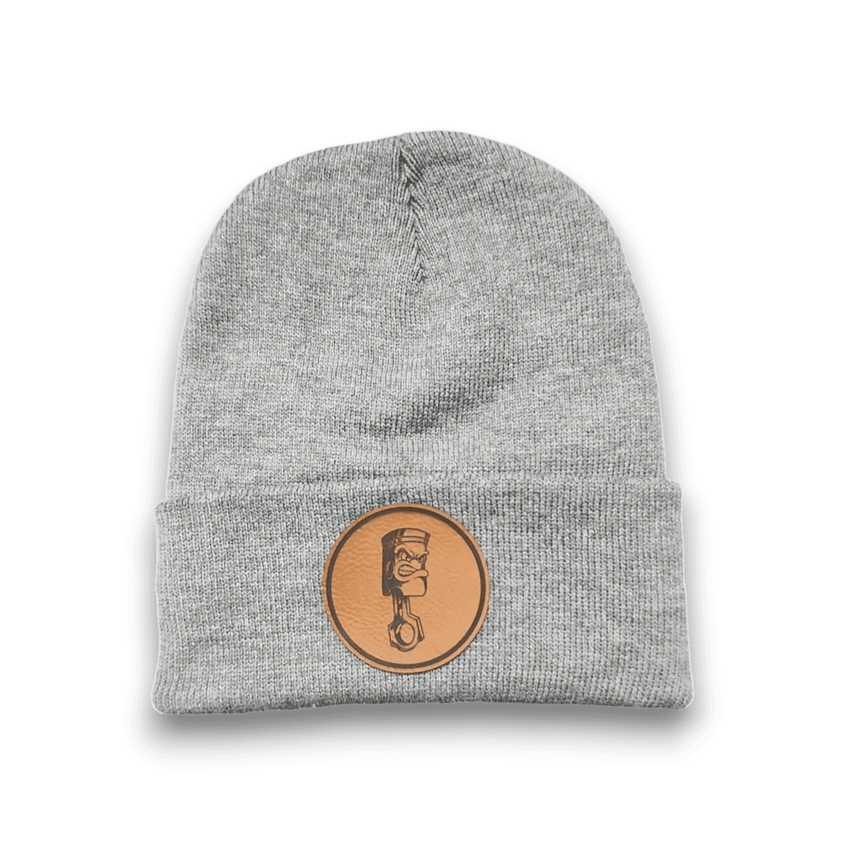Dark heather grey knit beanie with round Angry Piston patch