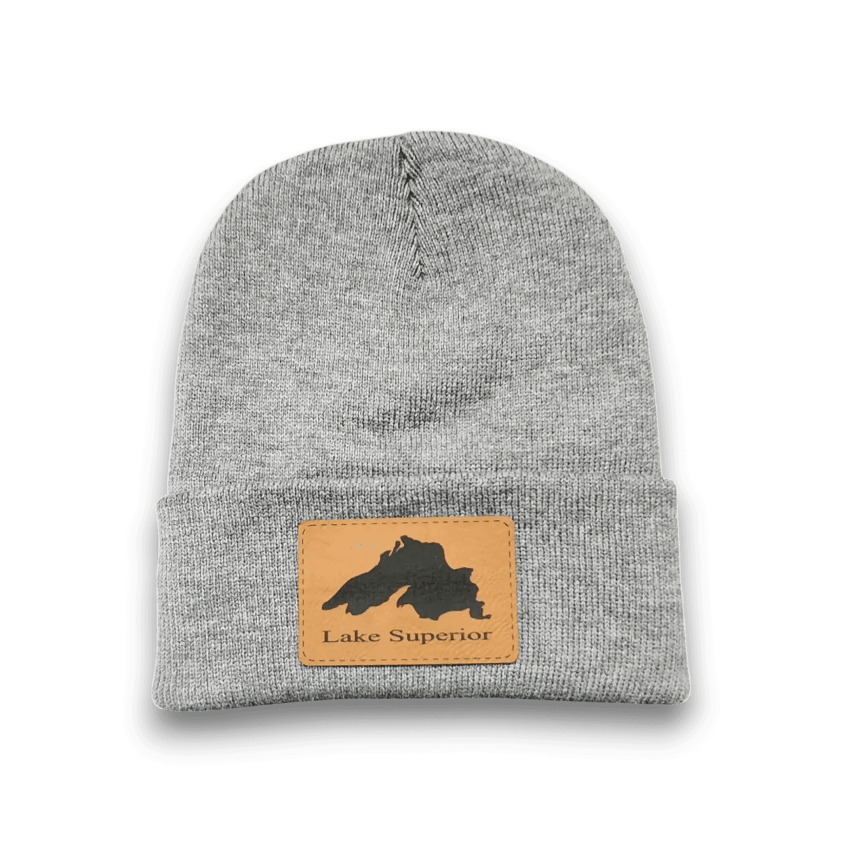 Dark heather grey knit beanie with front Lake Superior logo patch on cuff