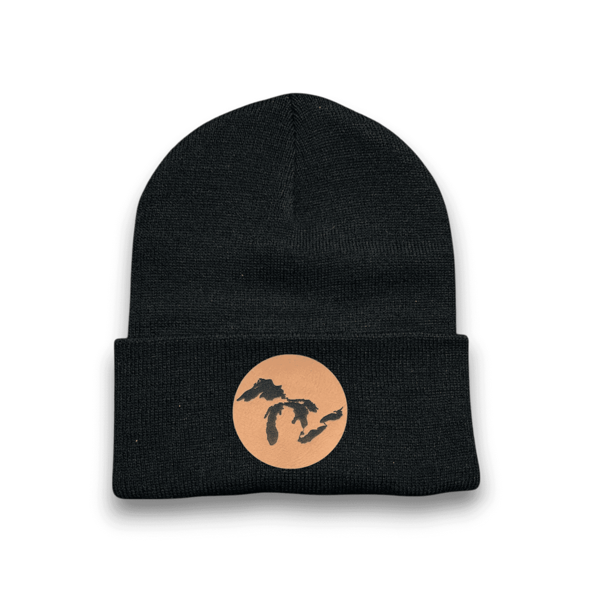 Black knit beanie with round tan Great Lakes map patch on cuff
