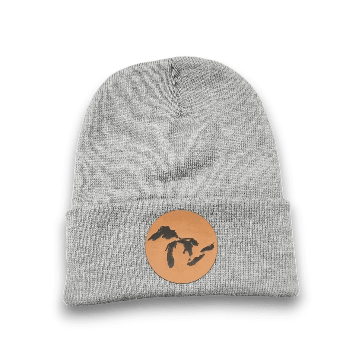 Dark heather grey knit beanie with round tan Great Lakes map patch on front