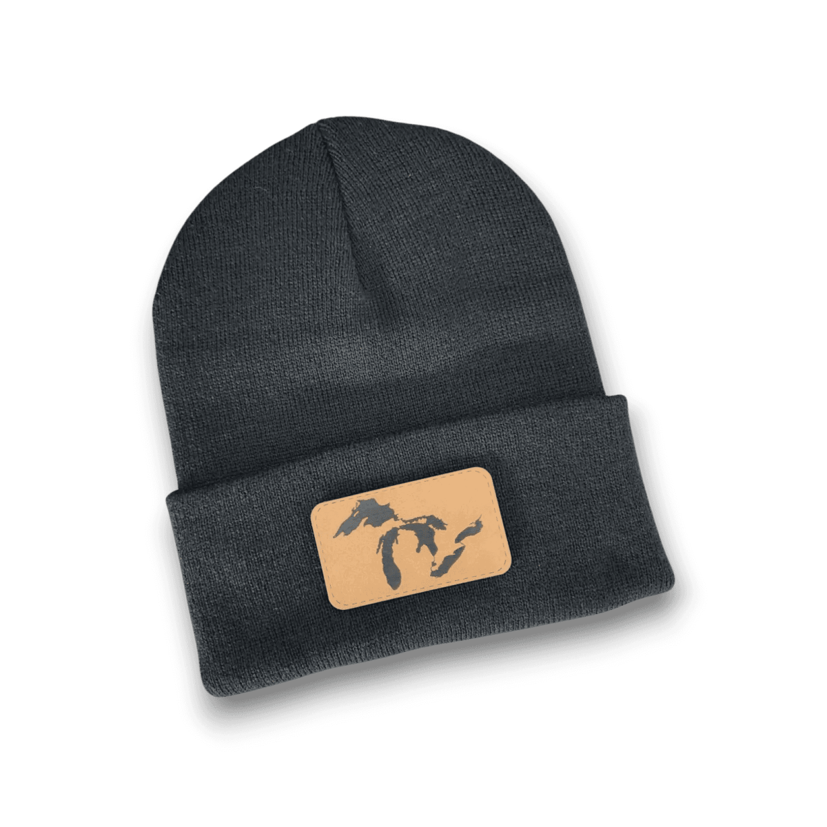 Dark heather grey knit beanie with rectangular leather patch featuring Great Lakes silhouette