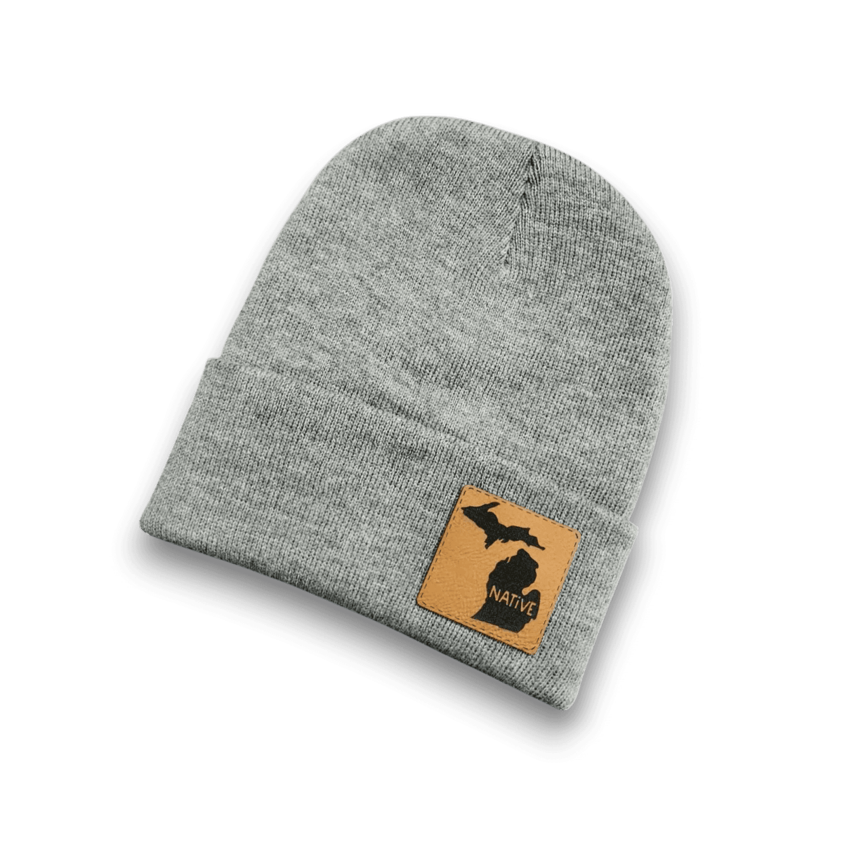 Dark heather grey knit beanie with folded cuff and tan square Michigan Native logo patch