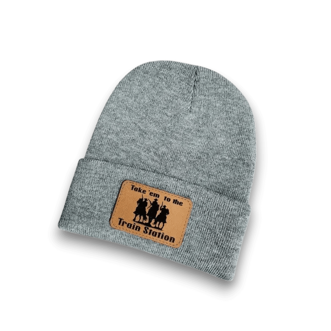 Dark heather grey knit beanie with Train Station logo patch