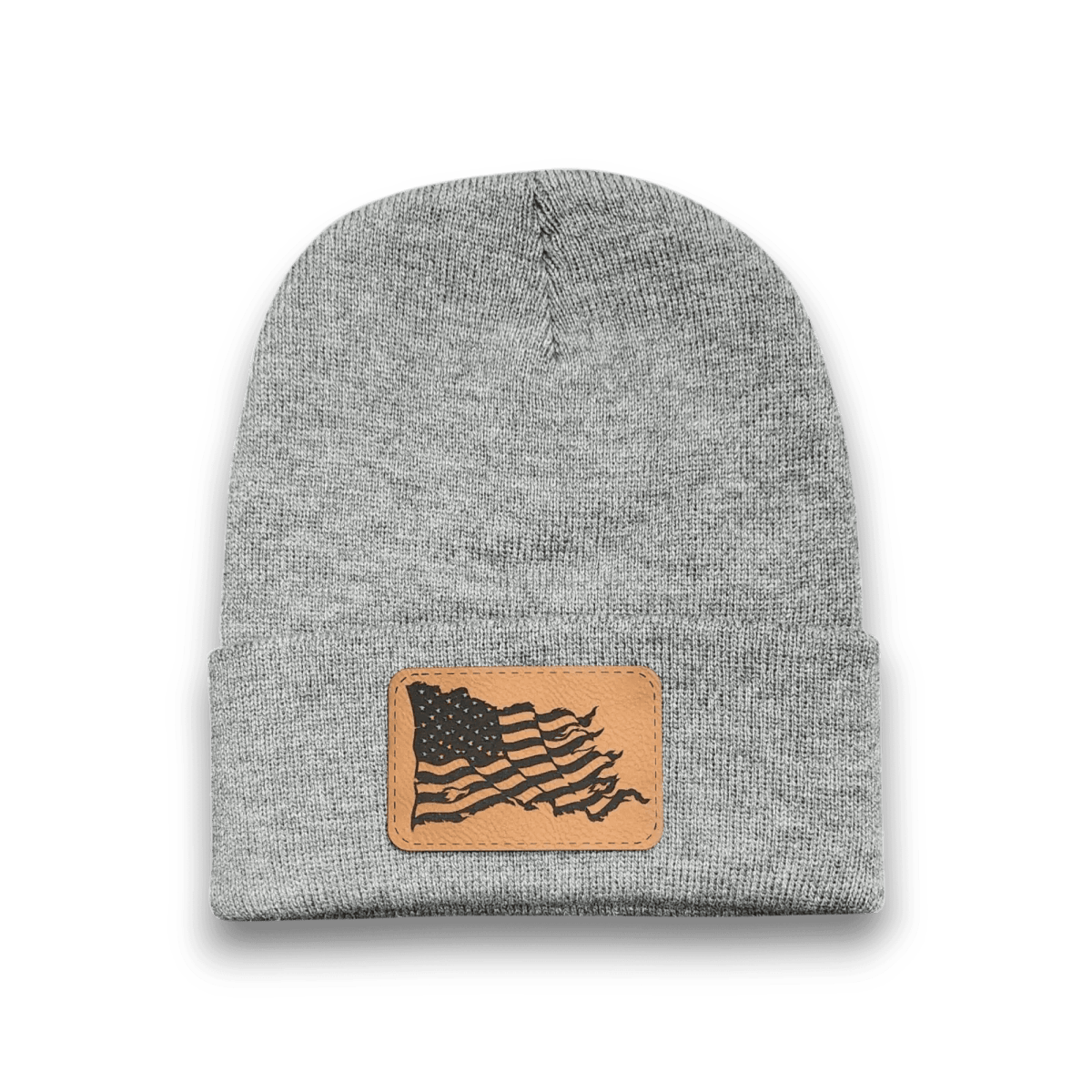 Dark heather grey knit beanie with front tan patch and wavy American flag graphic