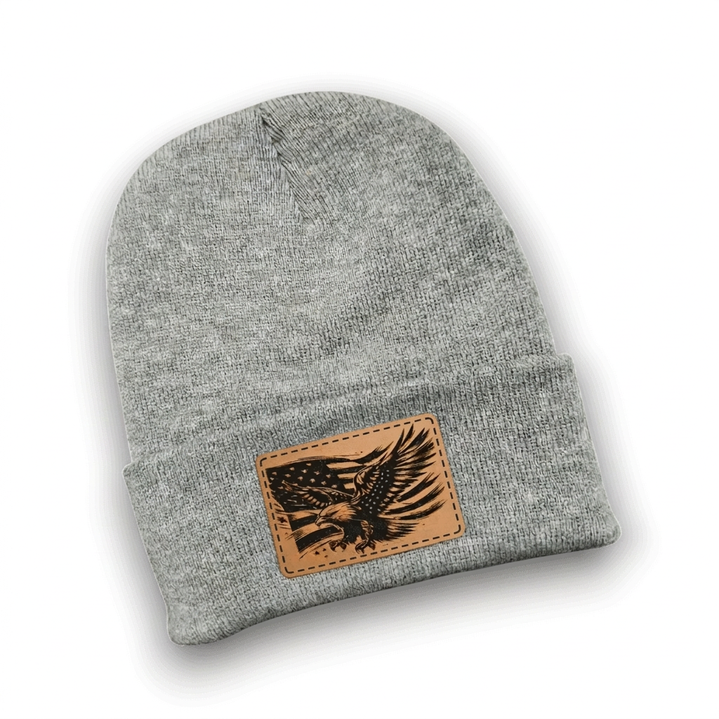 Dark heather gray knit beanie with rectangular eagle patch