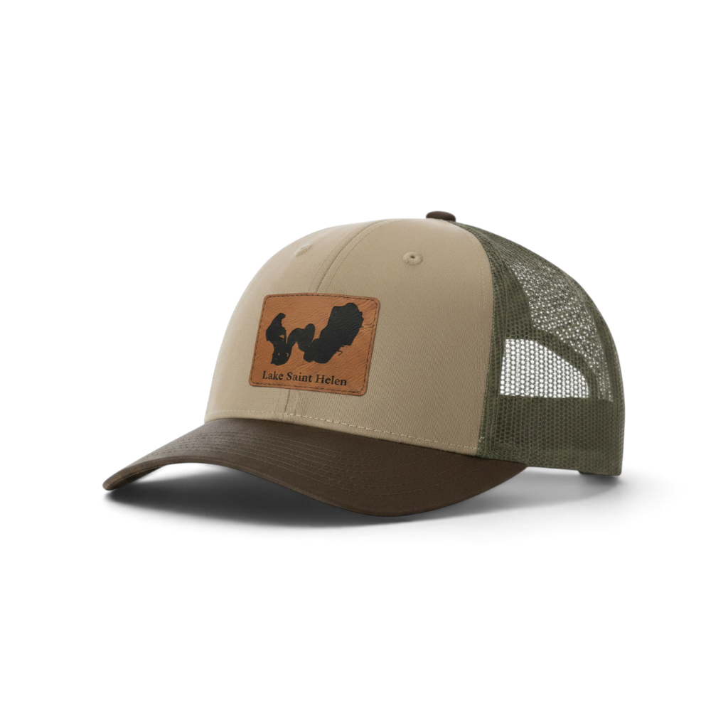 Beige trucker hat with dark green mesh, brown brim, and tan patch featuring Lake Saint Helen logo