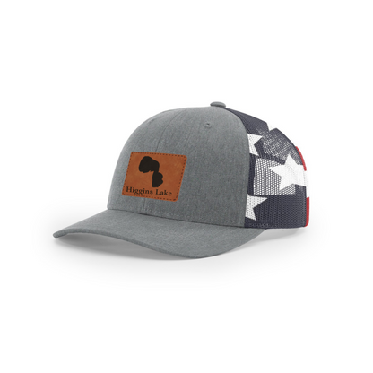 Trucker hat with brown Higgins Lake patch, heather gray front and star-pattern mesh back.