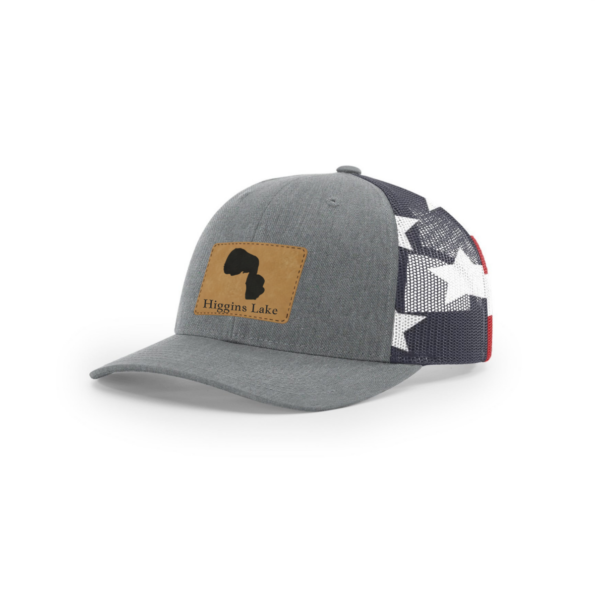 Trucker hat with brown Higgins Lake patch, heather gray front and navy star-panel mesh back.