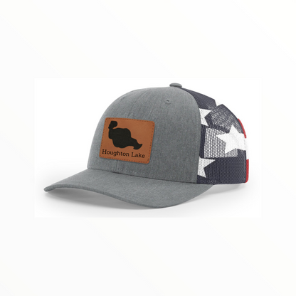 Trucker hat in heather gray with tan Houghton Lake patch and dark mesh back