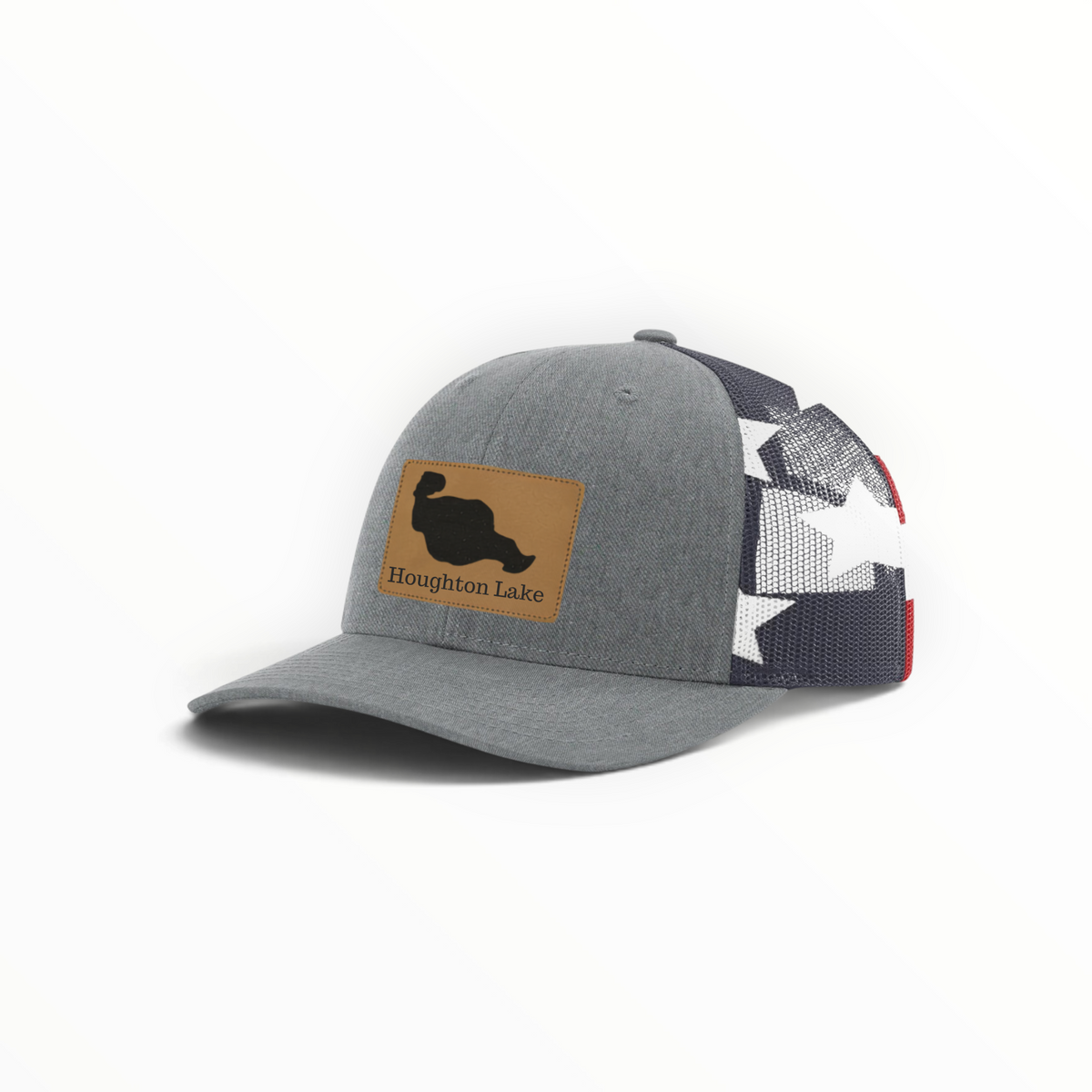 Trucker hat in heather gray with tan patch and dark mesh back