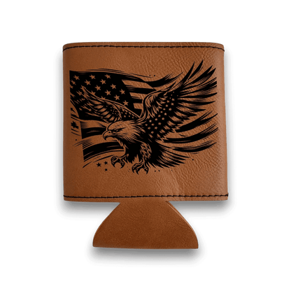 Brown leatherette can cooler with black eagle and stars design, front view