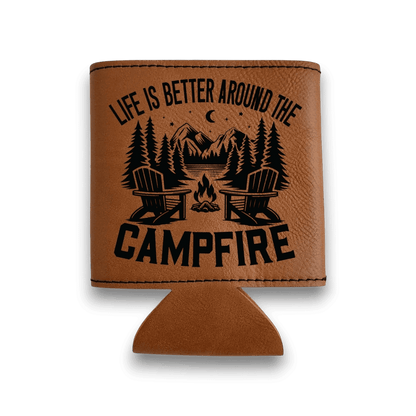 Brown leatherette can cooler with campfire illustration and stitched edges