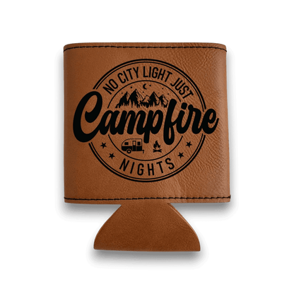 Brown leatherette can cooler with Campfire Nights logo, front view