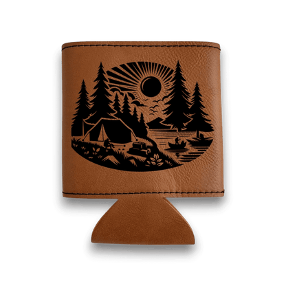 Brown leatherette can cooler featuring camping tent and forest graphic