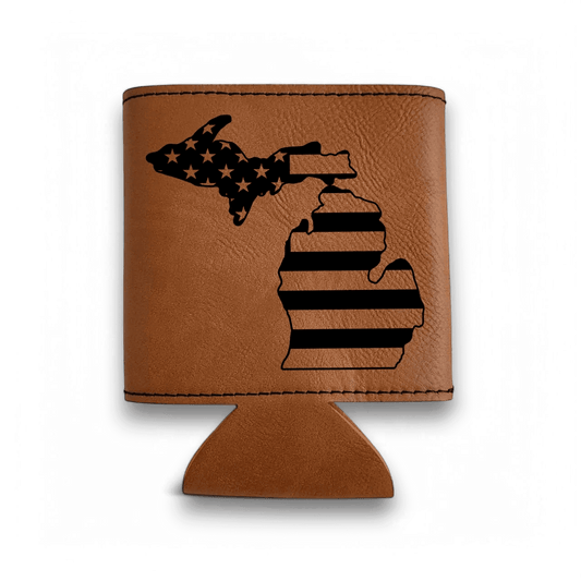 Engraved Leatherette MIchigan American Flag Can Cooler - Keeko Designs