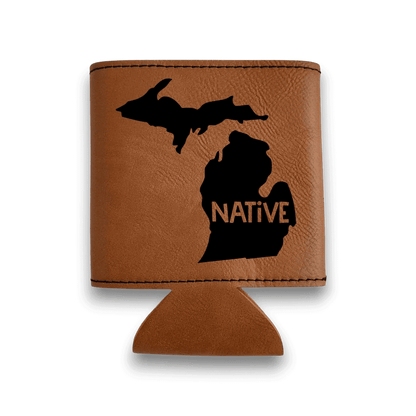 Brown leatherette can cooler with Michigan outline graphic and NATIVE text