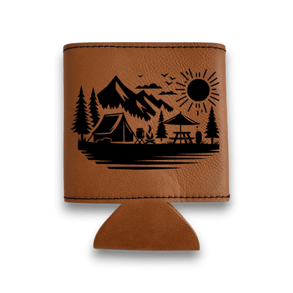 Leatherette can cooler koozie, brown with mountain campsite graphic, stitched edges