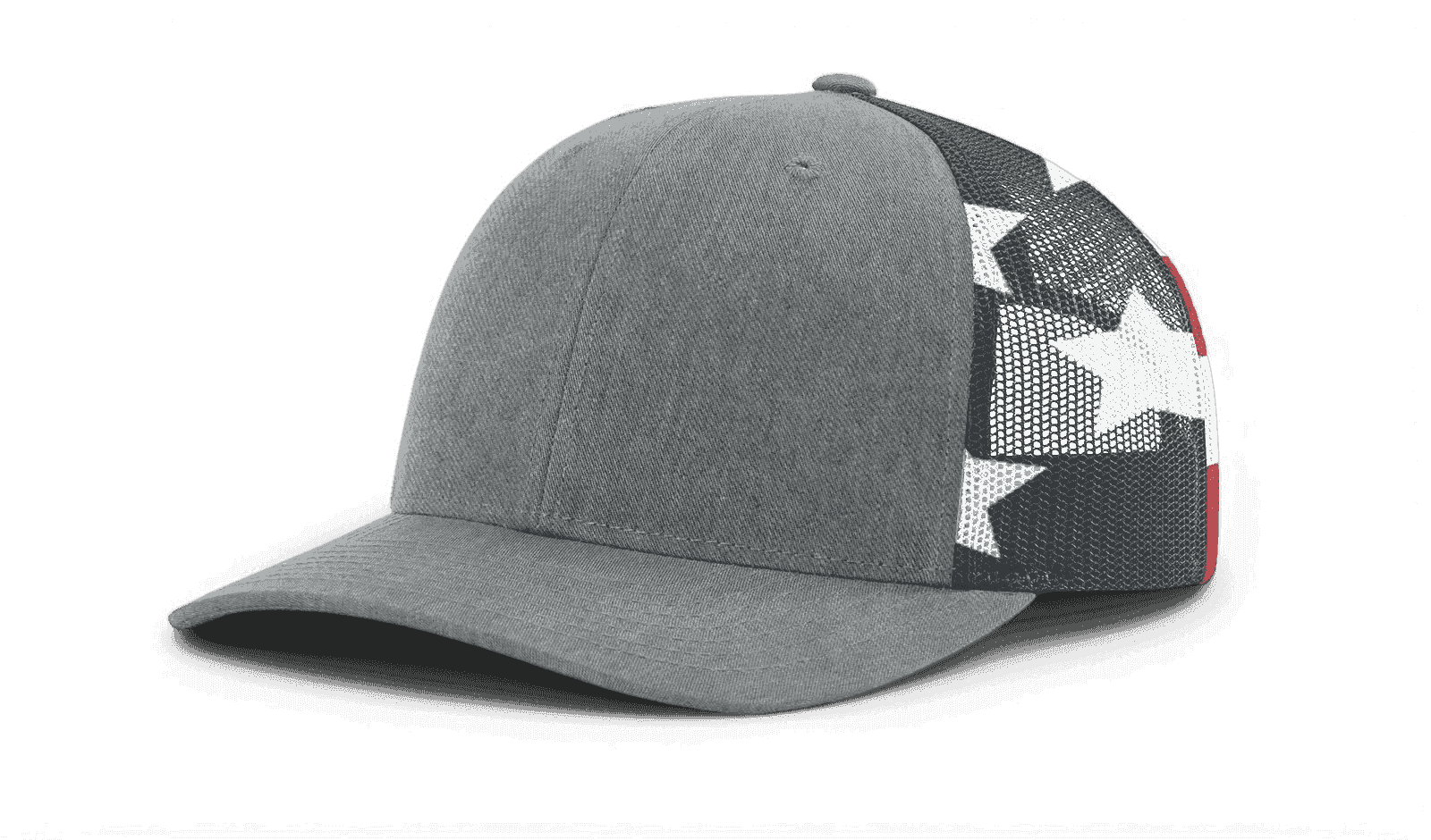 Gray trucker cap with black brim and star-spangled patch on side
