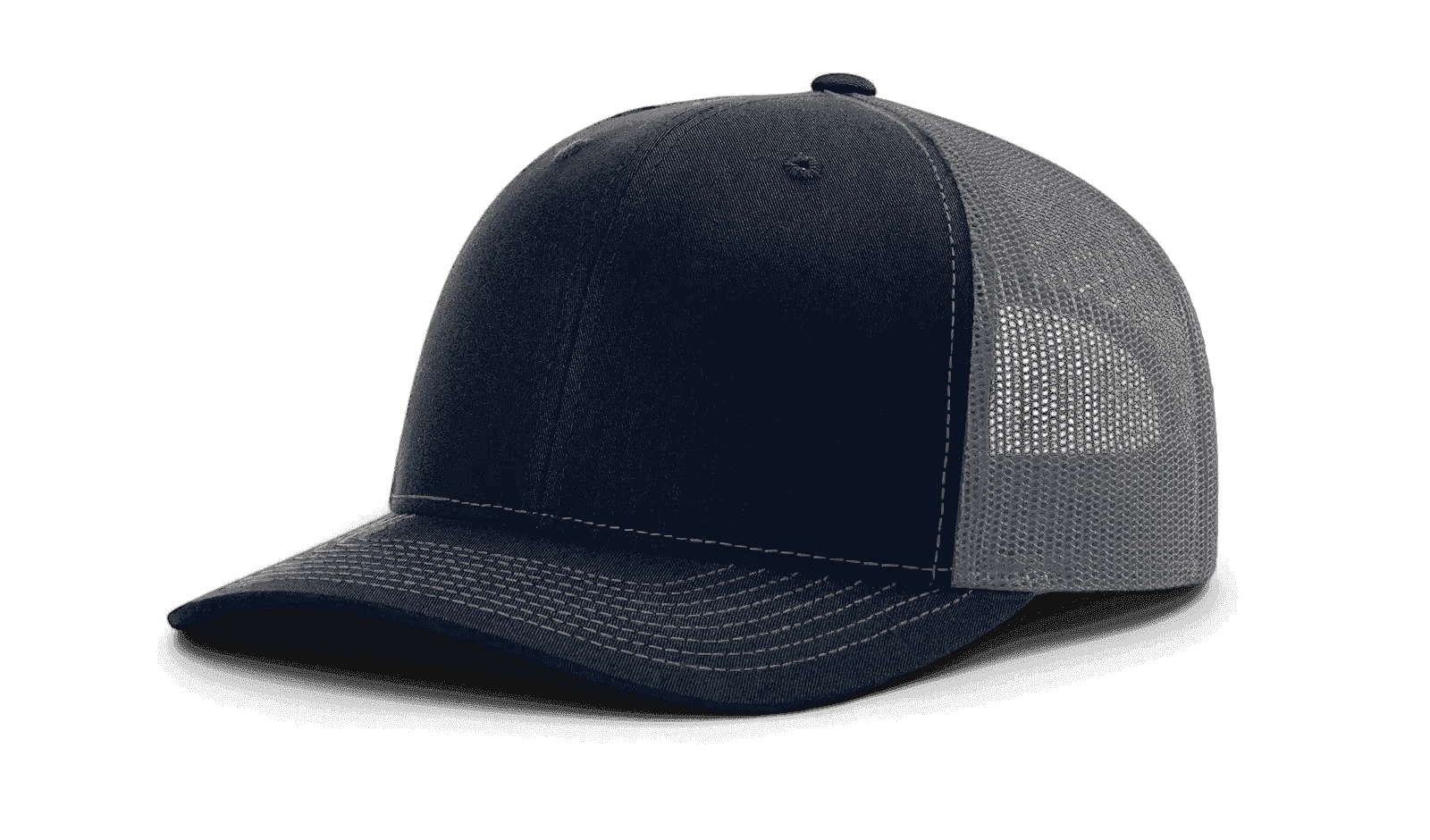 Navy front trucker hat with charcoal mesh back and black under brim