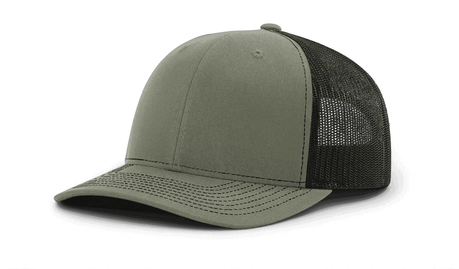 Olive green trucker cap with black mesh back and light green under brim