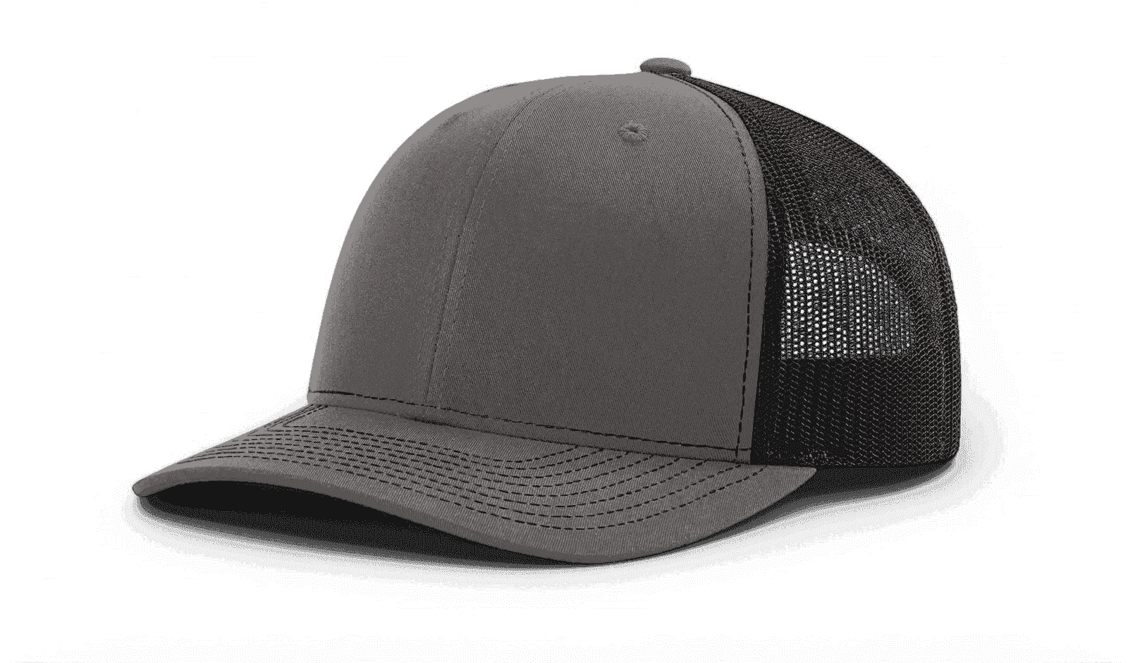 Charcoal gray trucker cap with black mesh back and light gray under brim