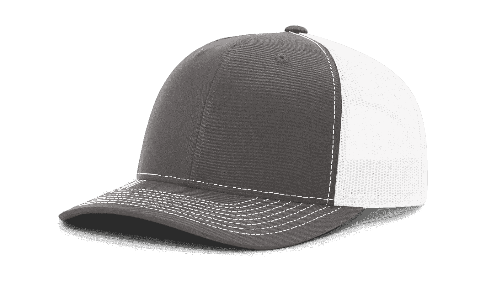 Gray front trucker cap with white mesh back and dark under brim