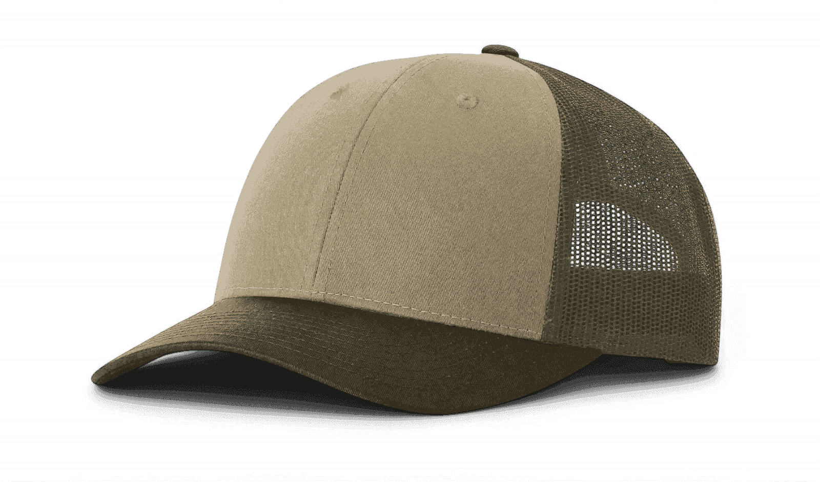 Khaki tan trucker cap with dark brown brim and tan mesh back