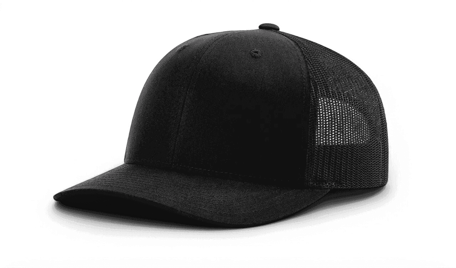 Black trucker cap with black mesh back and black under brim