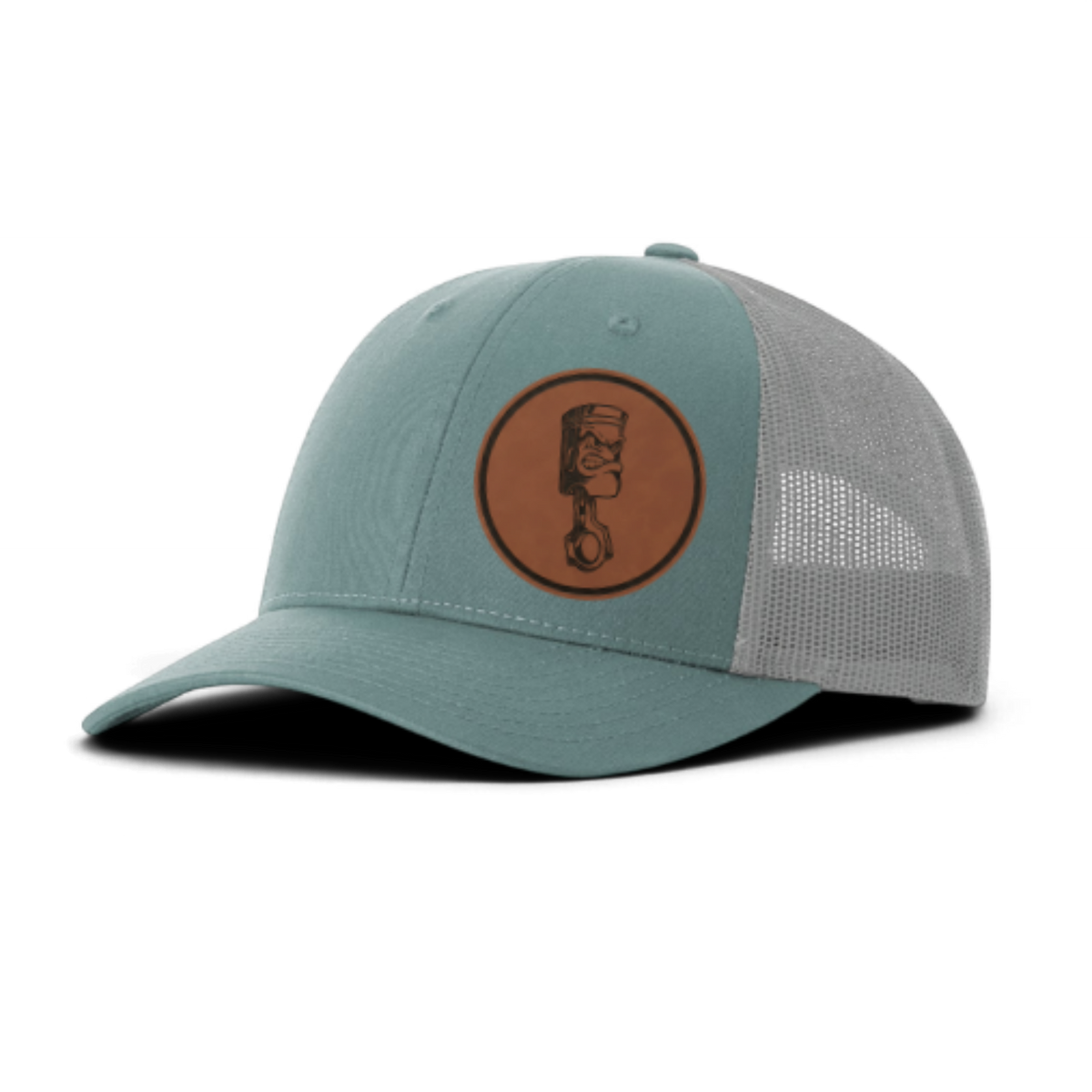 Trucker hat with angry piston patch, teal front and light gray mesh back panels.