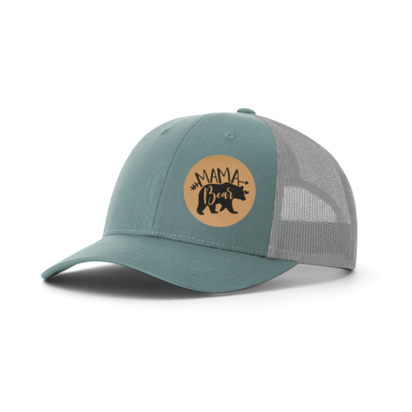Teal trucker hat with round tan Mama Bear patch and light gray mesh back.