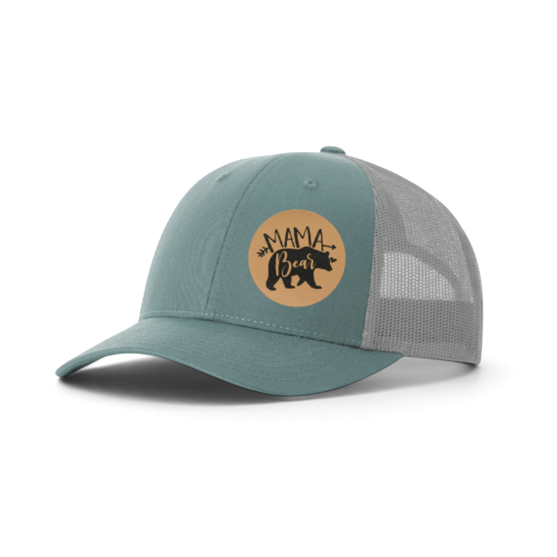 Teal trucker hat with round tan Mama Bear patch and light gray mesh back.