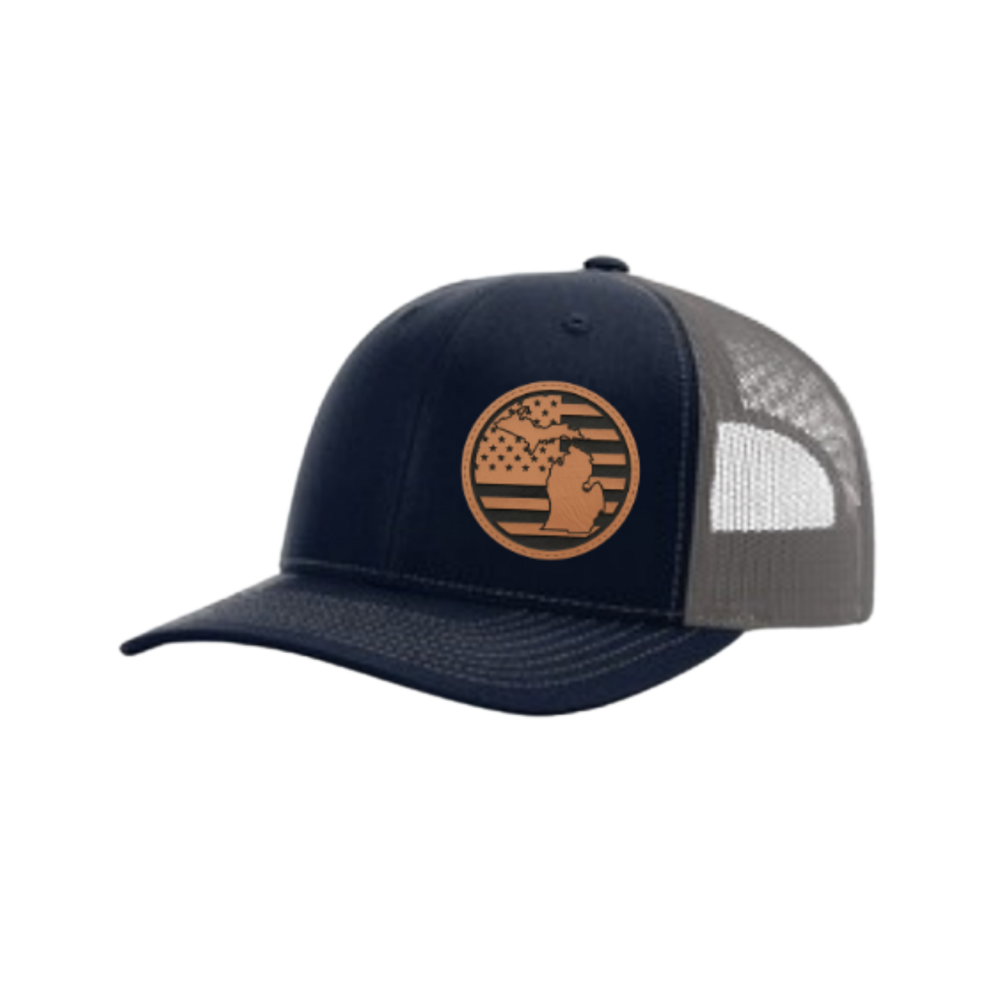 Navy trucker hat with circular Michigan patch and gray mesh side back panel