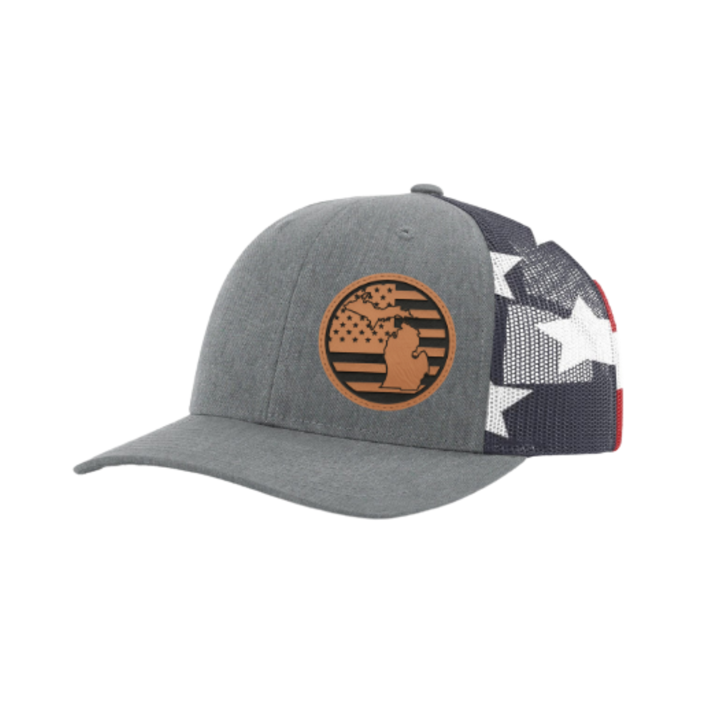 Gray trucker hat with circular Michigan patch and black-and-white star print side panel
