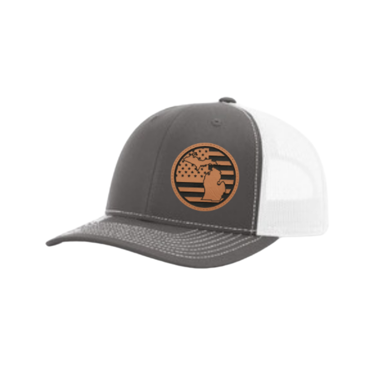 Dark gray trucker hat with circular Michigan patch and white mesh side panel