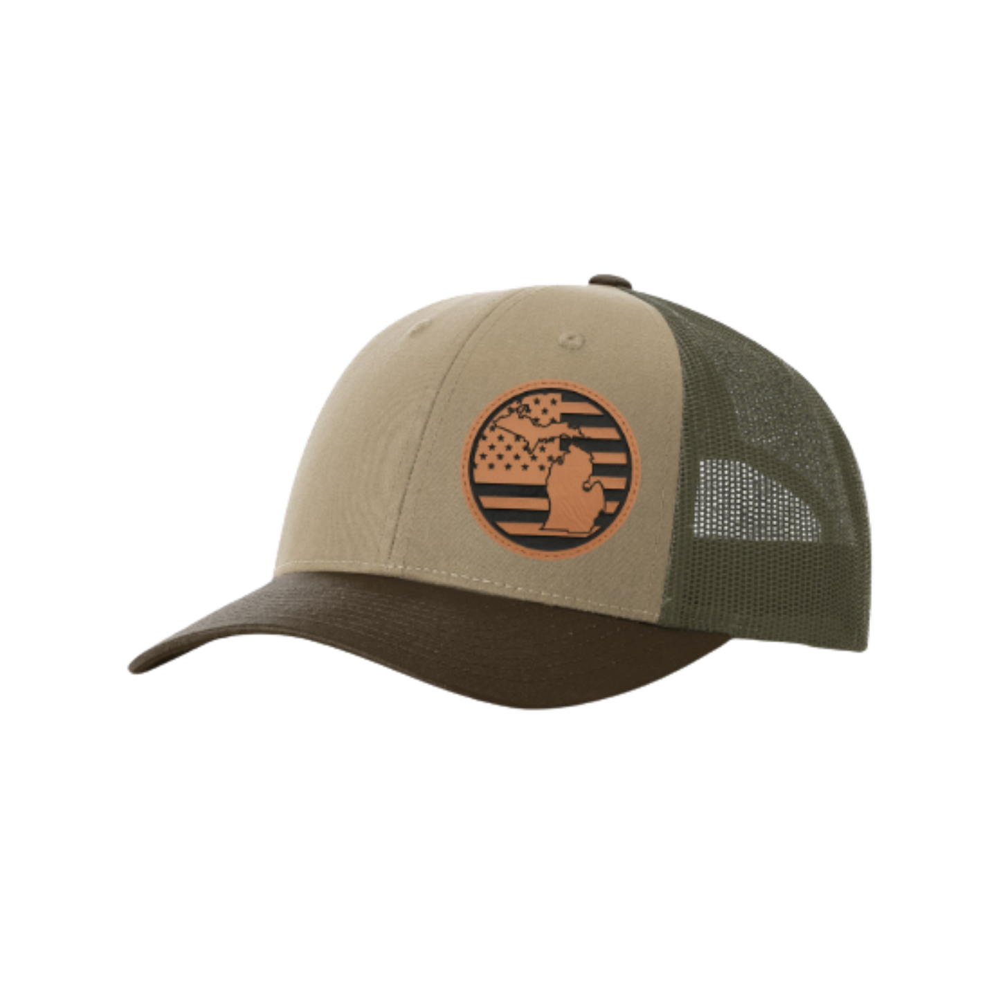 Trucker hat with round Michigan patch, tan front and dark olive mesh back.