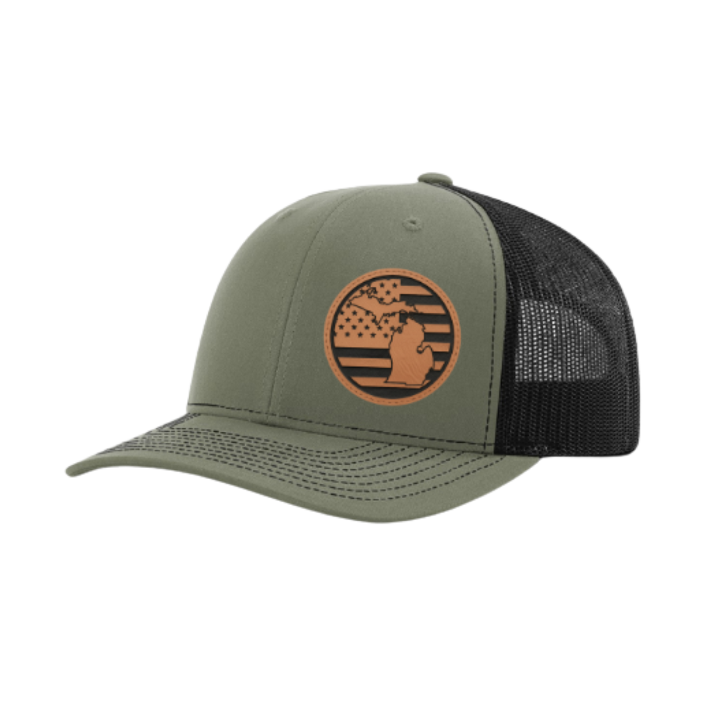 Olive green trucker hat with circular Michigan patch and black mesh side panel