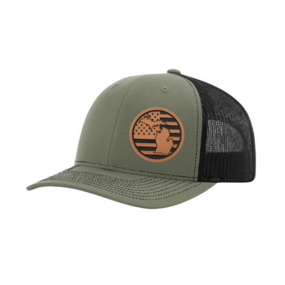 Olive green trucker hat with circular Michigan patch and black mesh side panel