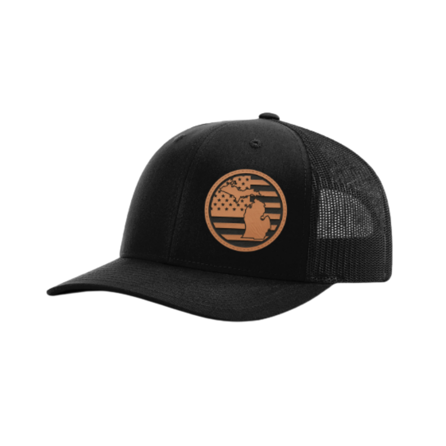 Trucker hat with round Michigan patch, black front and dark gray mesh back.