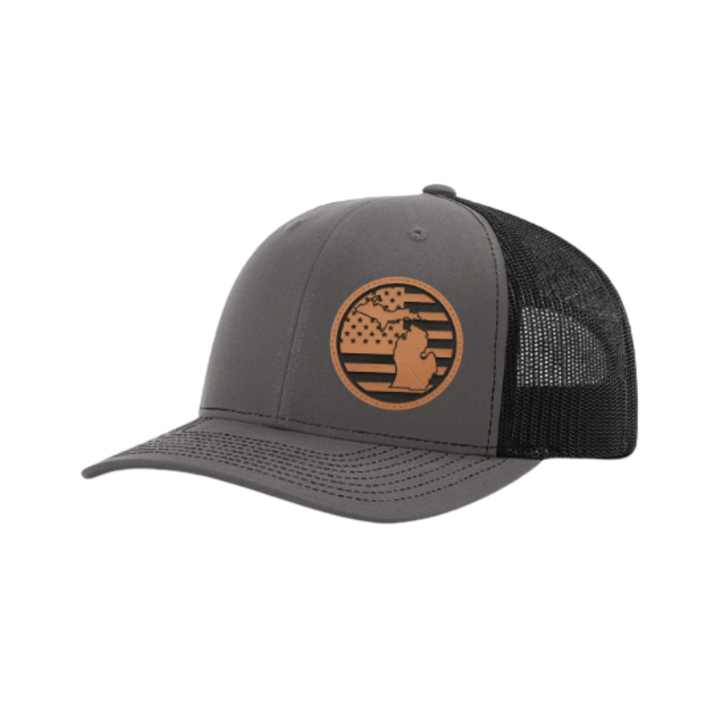 Dark gray trucker hat with circular Michigan patch and black mesh side back panel