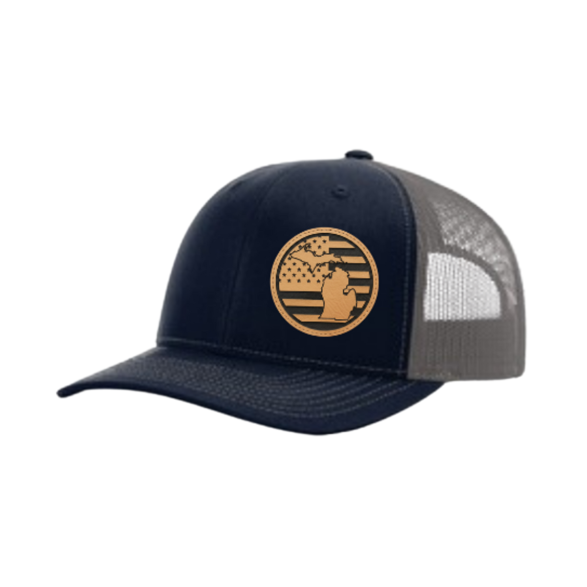 Navy trucker hat with circular Michigan patch and gray mesh back panel