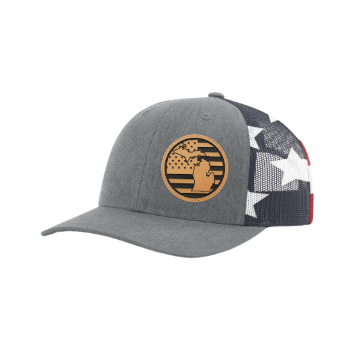 Gray trucker hat with circular Michigan patch and black-and-white star print back panel