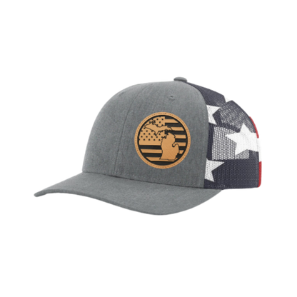 Gray trucker hat with circular Michigan patch and black-and-white star print back panel