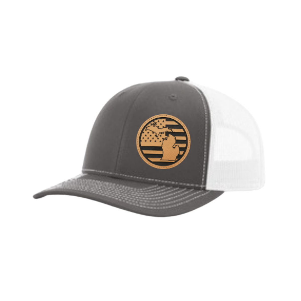 Dark gray trucker hat with circular Michigan patch and white mesh back panel