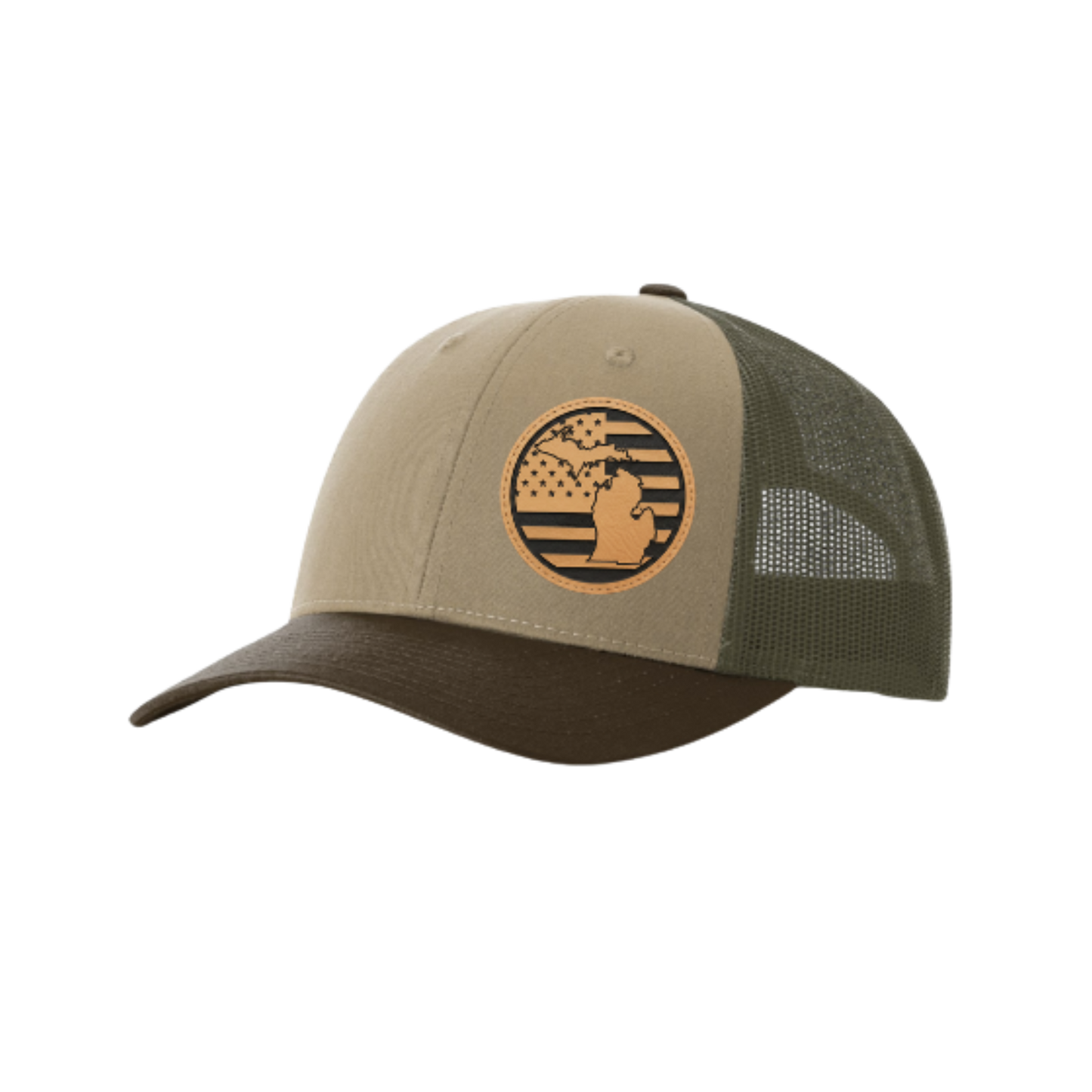 Trucker hat with round Michigan patch, tan front, dark brown mesh back.