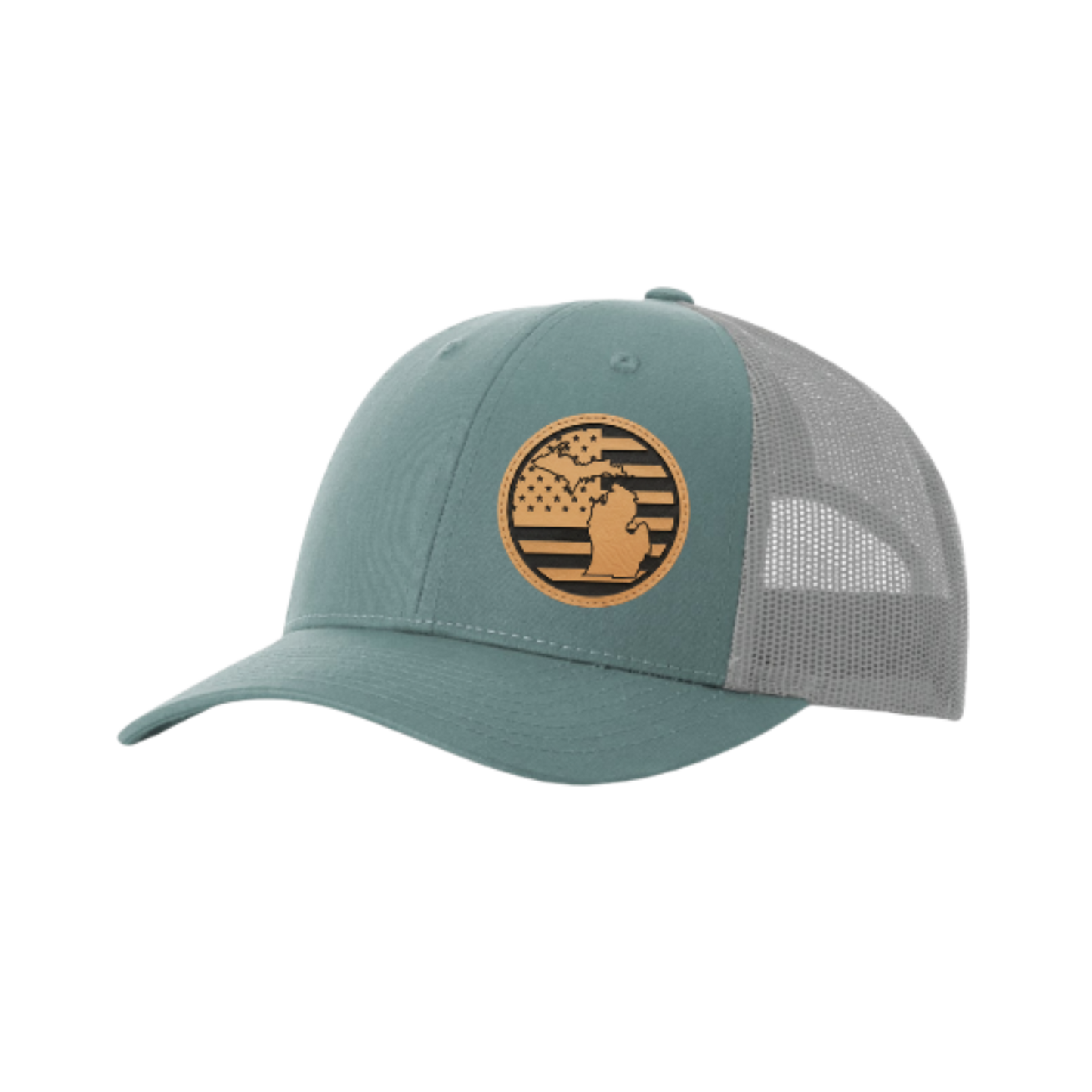 Trucker hat with round Michigan patch, teal front and gray mesh back.