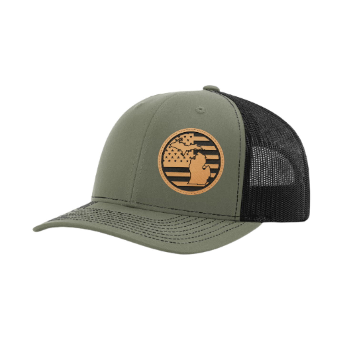 Olive green trucker hat with circular Michigan patch and black mesh back panel